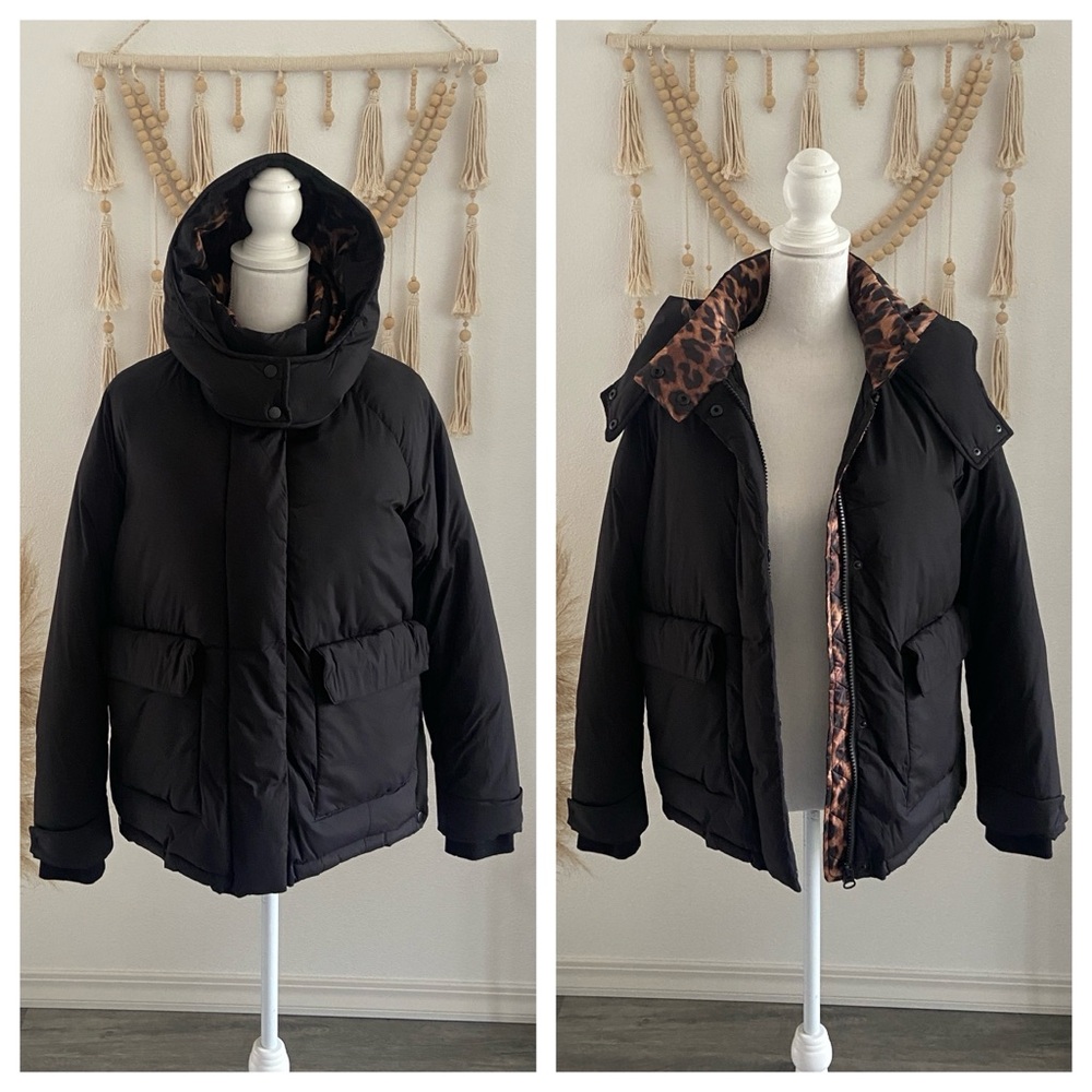 Halogen black puffer jacket winter coat hooded leopard / animal print small